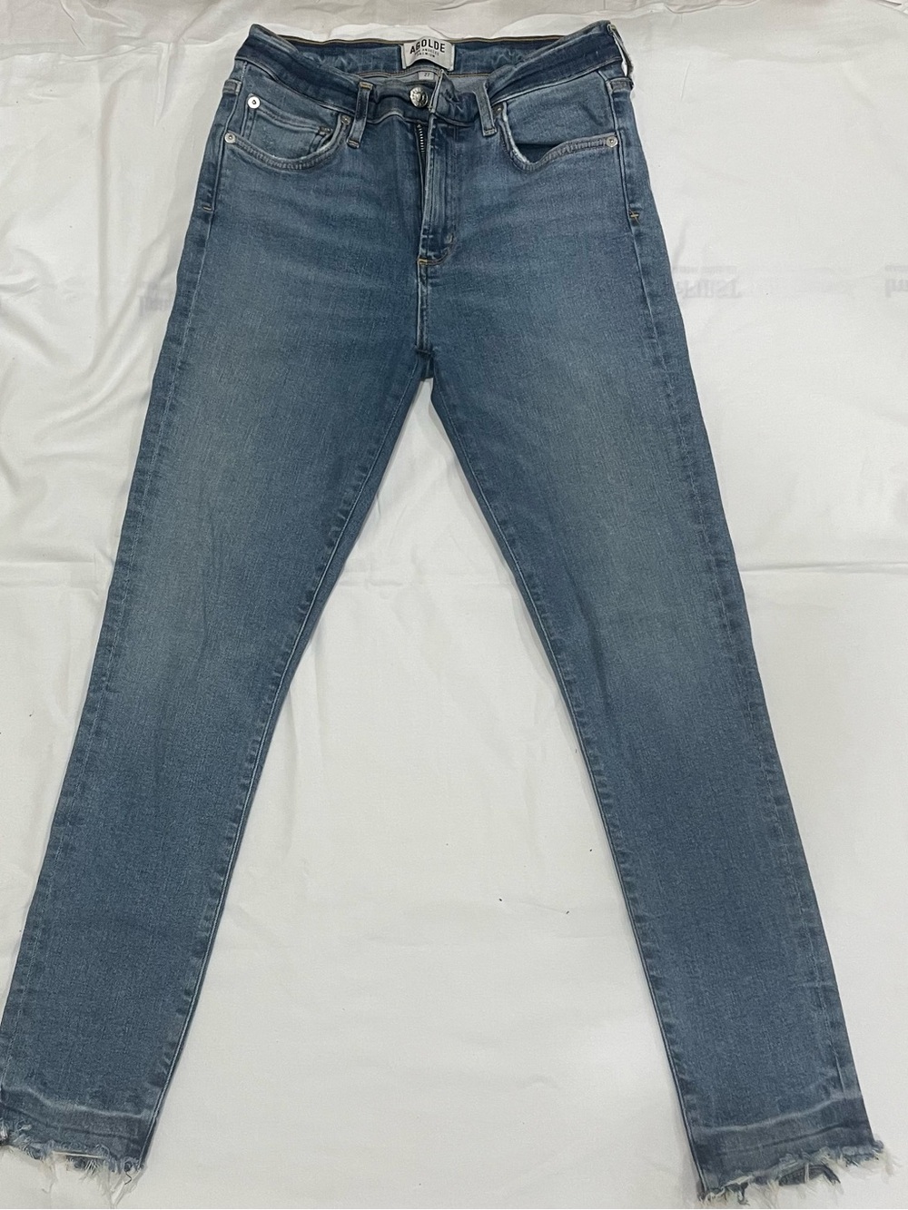 Agolde Skinny Jeans in Medium Blue Wash with Frayed Hem